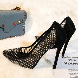 Glitter Colorful Rhinestones Women's Pumps Sexy Hollow Out Breathable Mesh Thin Heeled